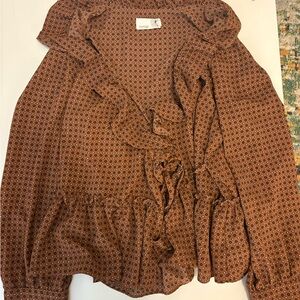 Trendy Brown Ruffle Blouse